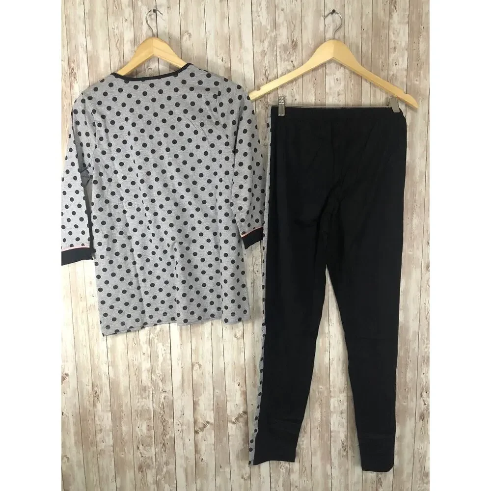 Alex Pajama Set Womens Small Gray Black Lounge Set Cotton Polka Dot N105